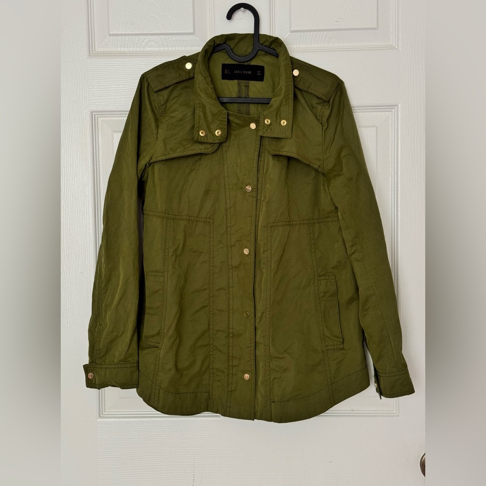 Zara Jacket Womens S Small Green Military Lightweight Zip Collar Long Sleeves